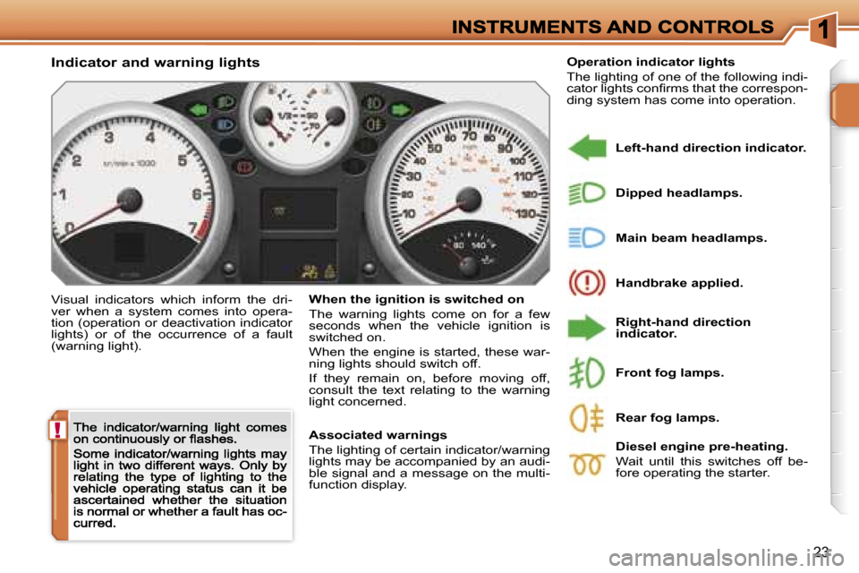 Peugeot 207 CC 2007 User Guide �!
�2�3
�I�n�d�i�c�a�t�o�r� �a�n�d� �w�a�r�n�i�n�g� �l�i�g�h�t�s
�V�i�s�u�a�l�  �i�n�d�i�c�a�t�o�r�s�  �w�h�i�c�h�  �i�n�f�o�r�m�  �t�h�e�  �d�r�i�-�v�e�r�  �w�h�e�n�  �a�  �s�y�s�t�e�m�  �c�o�m�e�s� 