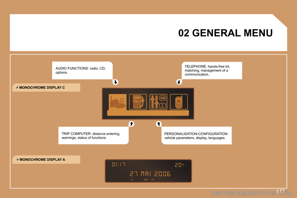 Peugeot 207 CC 2007  Owners Manual �1�7�7
�0�2� �G�E�N�E�R�A�L� �M�E�N�U
�A�U�D�I�O� �F�U�N�C�T�I�O�N�S�:� �r�a�d�i�o�,� �C�D�,� �o�p�t�i�o�n�s�.
�T�R�I�P� �C�O�M�P�U�T�E�R�:� �d�i�s�t�a�n�c�e� �e�n�t�e�r�i�n�g�,� �w�a�r�n�i�n�g�s�,� �