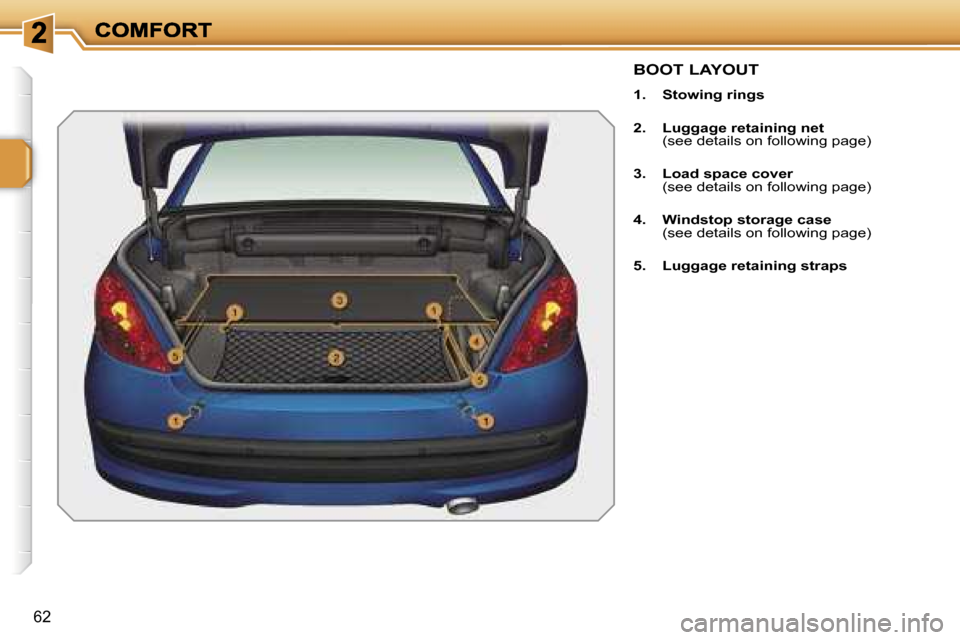Peugeot 207 CC 2007 Workshop Manual �6�2
�B�O�O�T� �L�A�Y�O�U�T
�1�.�  �S�t�o�w�i�n�g� �r�i�n�g�s
�2�.�  �L�u�g�g�a�g�e� �r�e�t�a�i�n�i�n�g� �n�e�t�(�s�e�e� �d�e�t�a�i�l�s� �o�n� �f�o�l�l�o�w�i�n�g� �p�a�g�e�)
�3�.�  �L�o�a�d� �s�p�a�c�