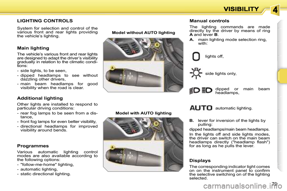 Peugeot 207 CC 2007 Manual PDF �7�9
�L�I�G�H�T�I�N�G� �C�O�N�T�R�O�L�S� 
�S�y�s�t�e�m�  �f�o�r�  �s�e�l�e�c�t�i�o�n�  �a�n�d�  �c�o�n�t�r�o�l�  �o�f�  �t�h�e� �v�a�r�i�o�u�s�  �f�r�o�n�t�  �a�n�d�  �r�e�a�r�  �l�i�g�h�t�s�  �p�r�o�