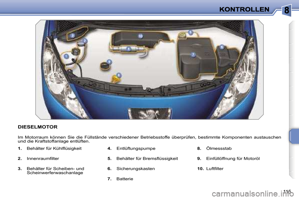 Peugeot 207 CC 2007  Betriebsanleitung (in German) �1�1�5
�D�I�E�S�E�L�M�O�T�O�R
�I�m�  �M�o�t�o�r�r�a�u�m�  �k�ö�n�n�e�n�  �S�i�e�  �d�i�e�  �F�ü�l�l�s�t�ä�n�d�e�  �v�e�r�s�c�h�i�e�d�e�n�e�r�  �B�e�t�r�i�e�b�s�s�t�o�f�f�e� �ü�b�e�r�p�r�ü�f�e�n�,