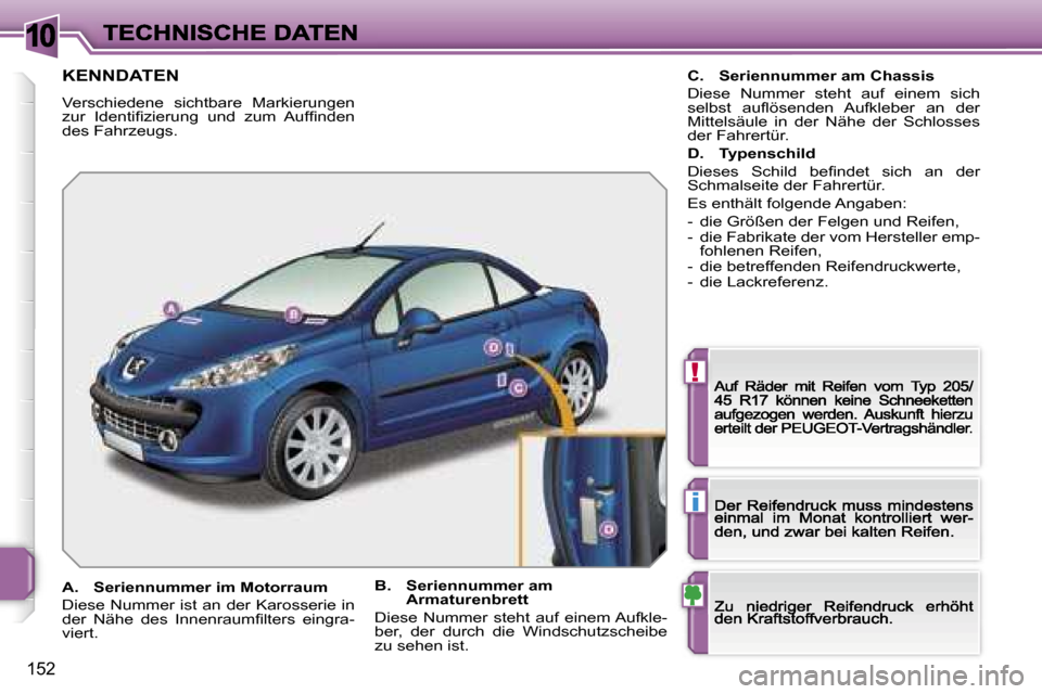 Peugeot 207 CC 2007  Betriebsanleitung (in German) �1�0
�!
�i
�1�5�2
�K�E�N�N�D�A�T�E�N
�V�e�r�s�c�h�i�e�d�e�n�e�  �s�i�c�h�t�b�a�r�e�  �M�a�r�k�i�e�r�u�n�g�e�n� �z�u�r�  �I�d�e�n�t�i�ﬁ�z�i�e�r�u�n�g�  �u�n�d�  �z�u�m�  �A�u�f�ﬁ�n�d�e�n� �d�e�s� �