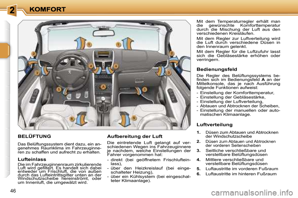 Peugeot 207 CC 2007  Betriebsanleitung (in German) �4�6
�B�E�L�Ü�F�T�U�N�G
�D�a�s� �B�e�l�ü�f�t�u�n�g�s�s�y�s�t�e�m� �d�i�e�n�t� �d�a�z�u�,� �e�i�n� �a�n�-�g�e�n�e�h�m�e�s�  �R�a�u�m�k�l�i�m�a�  �i�m�  �F�a�h�r�z�e�u�g�i�n�n�e�-�r�e�n� �z�u� �s�c�h�