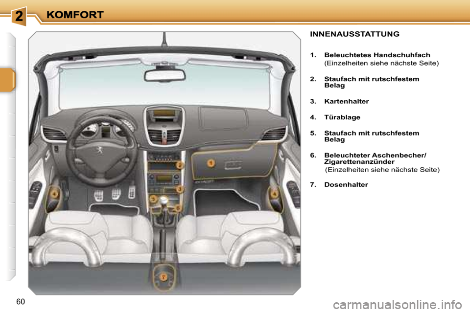 Peugeot 207 CC 2007  Betriebsanleitung (in German) �6�0
�I�N�N�E�N�A�U�S�S�T�A�T�T�U�N�G
�1�.�  �B�e�l�e�u�c�h�t�e�t�e�s� �H�a�n�d�s�c�h�u�h�f�a�c�h
�  �(�E�i�n�z�e�l�h�e�i�t�e�n� �s�i�e�h�e� �n�ä�c�h�s�t�e� �S�e�i�t�e�)
�2�.�  �S�t�a�u�f�a�c�h� �m�i