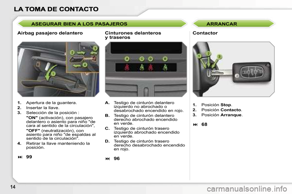 Peugeot 207 CC 2007  Manual del propietario (in Spanish) �A�S�E�G�U�R�A�R� �B�I�E�N� �A� �L�O�S� �P�A�S�A�J�E�R�O�S
�A�i�r�b�a�g� �p�a�s�a�j�e�r�o� �d�e�l�a�n�t�e�r�o�C�o�n�t�a�c�t�o�r
�1�.�  �A�p�e�r�t�u�r�a� �d�e� �l�a� �g�u�a�n�t�e�r�a�.
�2�.�  �I�n�s�e�