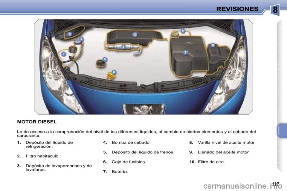 Peugeot 207 CC 2007  Manual del propietario (in Spanish) �1�1�5
�M�O�T�O�R� �D�I�E�S�E�L
�L�e� �d�a� �a�c�c�e�s�o� �a� �l�a� �c�o�m�p�r�o�b�a�c�i�ó�n� �d�e�l� �n�i�v�e�l� �d�e� �l�o�s� �d�i�f�e�r�e�n�t�e�s� �l�í�q�u�i�d�o�s�,� �a�l� �c�a�m�b�i�o� �d�e� �c