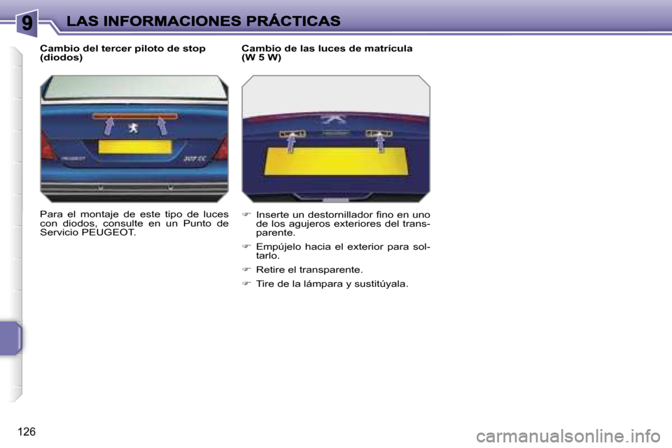 Peugeot 207 CC 2007  Manual del propietario (in Spanish) �1�2�6
�C�a�m�b�i�o� �d�e�l� �t�e�r�c�e�r� �p�i�l�o�t�o� �d�e� �s�t�o�p� �(�d�i�o�d�o�s�)
�P�a�r�a�  �e�l�  �m�o�n�t�a�j�e�  �d�e�  �e�s�t�e�  �t�i�p�o�  �d�e�  �l�u�c�e�s� �c�o�n�  �d�i�o�d�o�s�,�  �