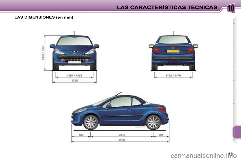 Peugeot 207 CC 2007  Manual del propietario (in Spanish) �1�0
�1�5�1
�L�A�S� �D�I�M�E�N�S�I�O�N�E�S� �(�e�n� �m�m�)�      