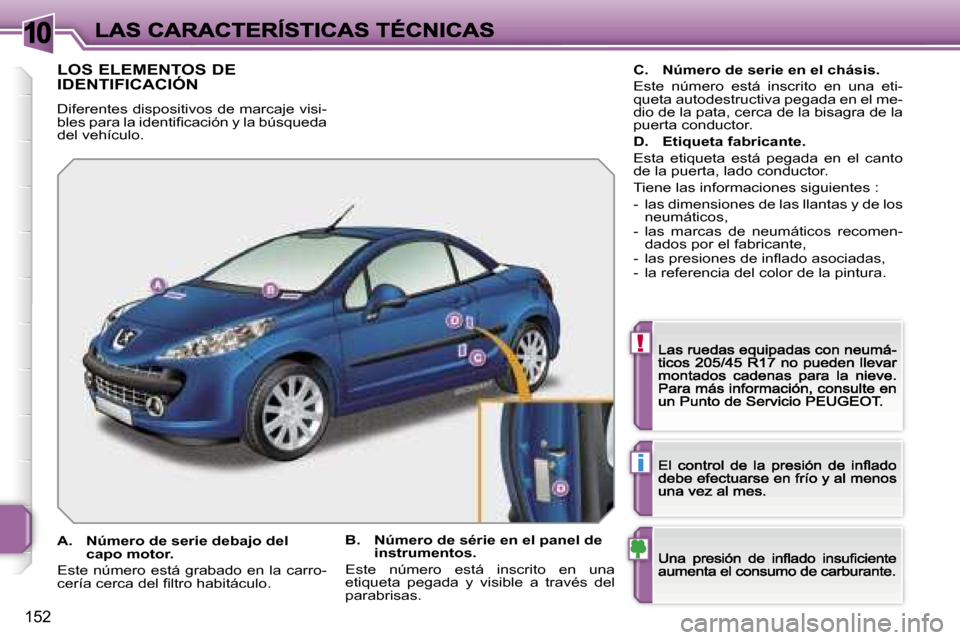 Peugeot 207 CC 2007  Manual del propietario (in Spanish) �1�0
�!
�i
�1�5�2
�L�O�S� �E�L�E�M�E�N�T�O�S� �D�E�  
�I�D�E�N�T�I�F�I�C�A�C�I�Ó�N
�D�i�f�e�r�e�n�t�e�s� �d�i�s�p�o�s�i�t�i�v�o�s� �d�e� �m�a�r�c�a�j�e� �v�i�s�i�-�b�l�e�s� �p�a�r�a� �l�a� �i�d�e�n�t