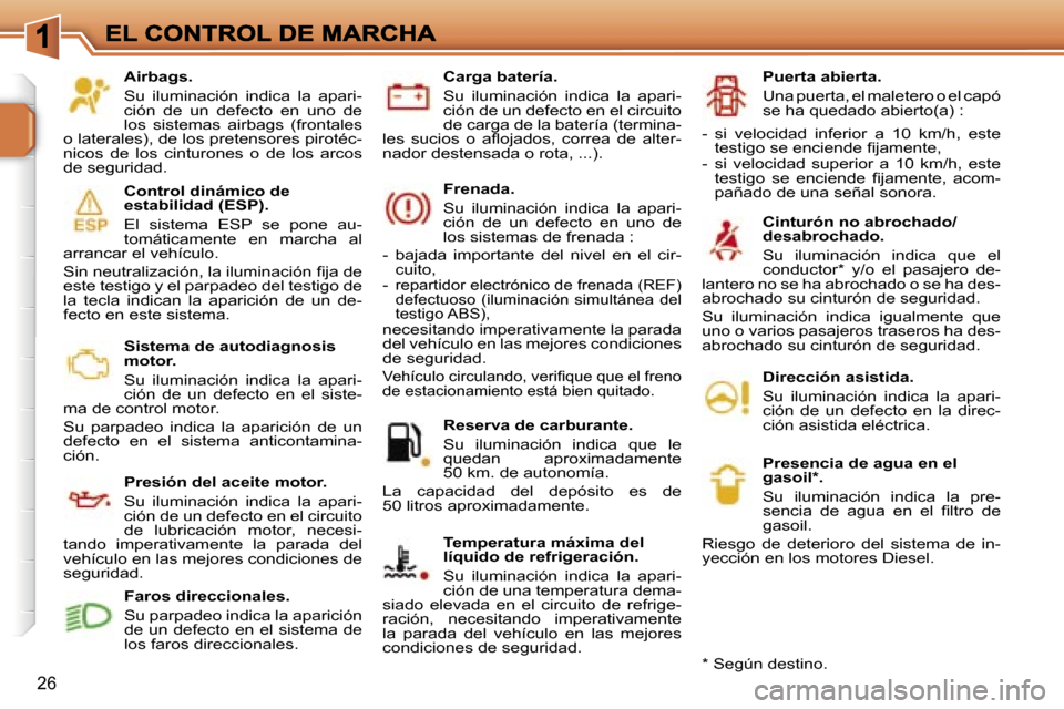 Peugeot 207 CC 2007  Manual del propietario (in Spanish) �2�6
�A�i�r�b�a�g�s�.
�S�u�  �i�l�u�m�i�n�a�c�i�ó�n�  �i�n�d�i�c�a�  �l�a�  �a�p�a�r�i�-�c�i�ó�n�  �d�e�  �u�n�  �d�e�f�e�c�t�o�  �e�n�  �u�n�o�  �d�e� �l�o�s�  �s�i�s�t�e�m�a�s�  �a�i�r�b�a�g�s�  �
