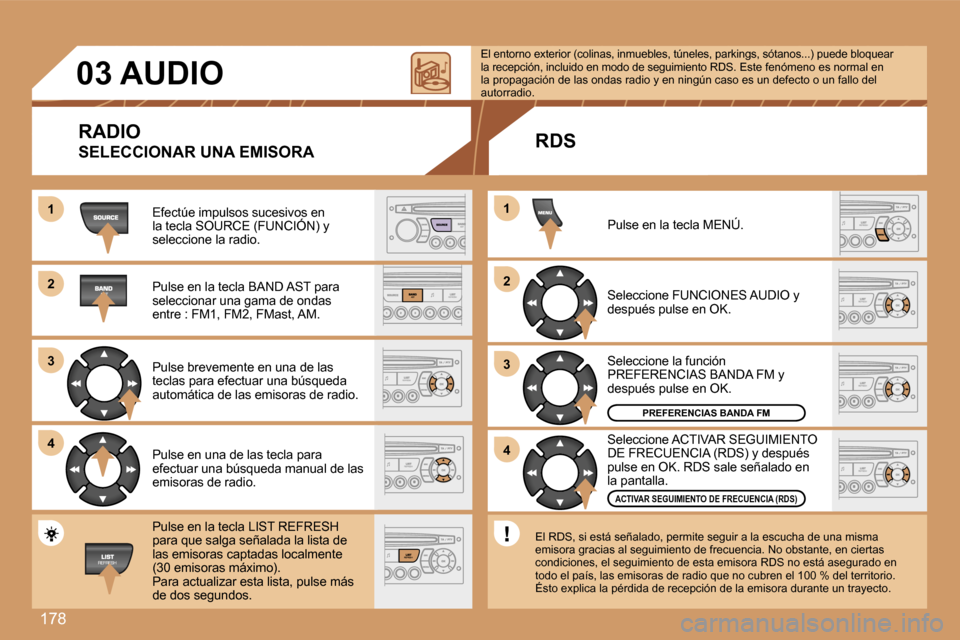 Peugeot 207 CC 2007  Manual del propietario (in Spanish) �1�7�8
�1�1
�2�2
�3�3
�4�4
�2�2
�4�4
�3�3
�1�1
�0�3� �A�U�D�I�O
�R�A�D�I�O
�S�E�L�E�C�C�I�O�N�A�R� �U�N�A� �E�M�I�S�O�R�A
�E�f�e�c�t�ú�e� �i�m�p�u�l�s�o�s� �s�u�c�e�s�i�v�o�s� �e�n� �l�a� �t�e�c�l�a�