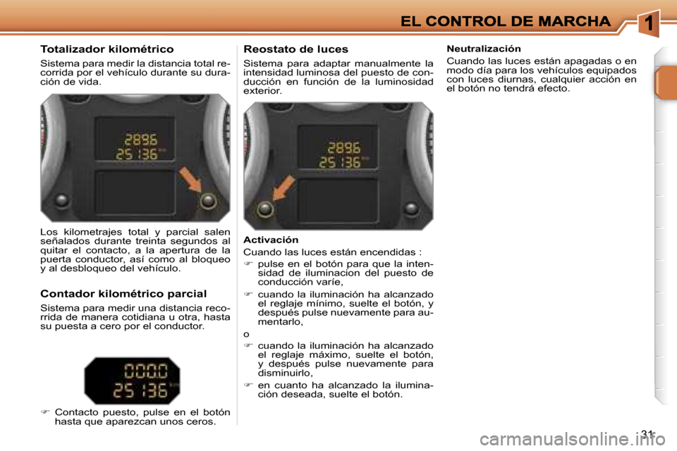 Peugeot 207 CC 2007  Manual del propietario (in Spanish) �3�1
�T�o�t�a�l�i�z�a�d�o�r� �k�i�l�o�m�é�t�r�i�c�o
�S�i�s�t�e�m�a� �p�a�r�a� �m�e�d�i�r� �l�a� �d�i�s�t�a�n�c�i�a� �t�o�t�a�l� �r�e�-�c�o�r�r�i�d�a� �p�o�r� �e�l� �v�e�h�í�c�u�l�o� �d�u�r�a�n�t�e� 
