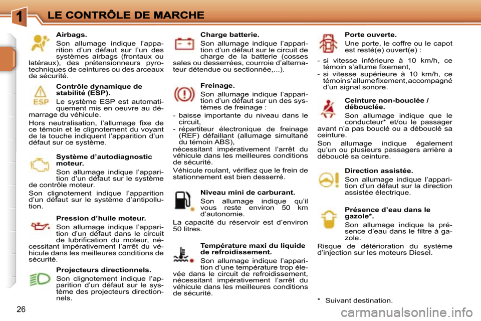 Peugeot 207 CC 2007  Manuel du propriétaire (in French) �2�6
�A�i�r�b�a�g�s�.
�S�o�n�  �a�l�l�u�m�a�g�e�  �i�n�d�i�q�u�e�  �l�’�a�p�p�a�-�r�i�t�i�o�n�  �d�’�u�n�  �d�é�f�a�u�t�  �s�u�r�  �l�’�u�n�  �d�e�s� �s�y�s�t�è�m�e�s�  �a�i�r�b�a�g�s�  �(�f�r