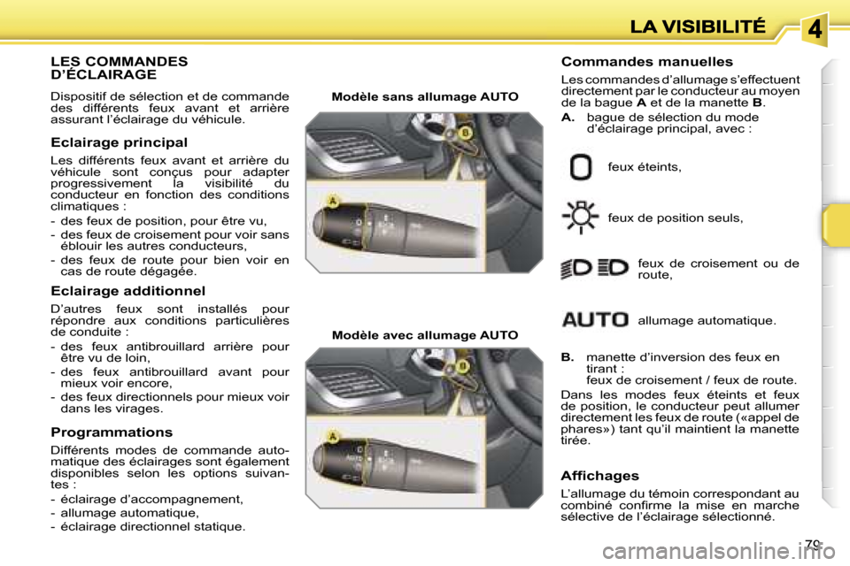 Peugeot 207 CC 2007  Manuel du propriétaire (in French)  7 9
 L E S   C O M M A N D E S   
 D ’ É C L A I R A G E
 D i s p o s i t i f   d e   s é l e c t i o n   e t   d e   c o m m a n d e   d e s    d i f f é r e n t s    f e u x    a v a n t    e 