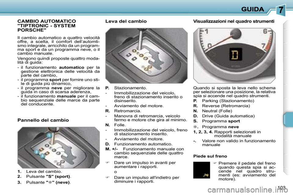 Peugeot 207 CC 2007  Manuale del proprietario (in Italian) �1�0�3
�C�A�M�B�I�O� �A�U�T�O�M�A�T�I�C�O�  
�"�T�I�P�T�R�O�N�I�C� �-� �S�Y�S�T�E�M� 
�P�O�R�S�C�H�E�"
�I�l�  �c�a�m�b�i�o�  �a�u�t�o�m�a�t�i�c�o�  �a�  �q�u�a�t�t�r�o�  �v�e�l�o�c�i�t�à� �o�f�f�r�e�