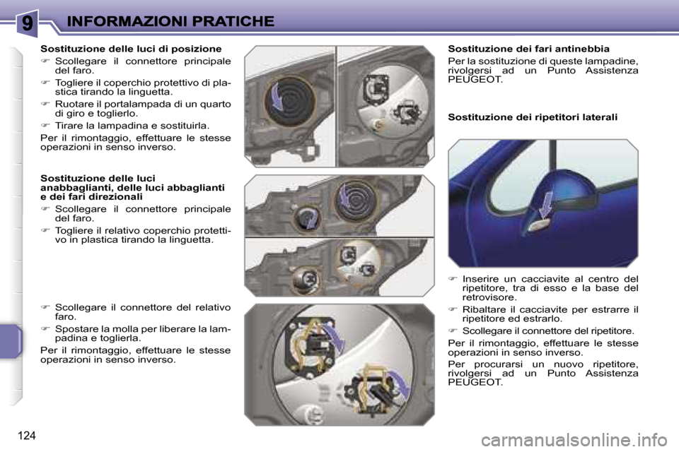 Peugeot 207 CC 2007  Manuale del proprietario (in Italian) �1�2�4
�S�o�s�t�i�t�u�z�i�o�n�e� �d�e�l�l�e� �l�u�c�i� �d�i� �p�o�s�i�z�i�o�n�e
��  �S�c�o�l�l�e�g�a�r�e�  �i�l�  �c�o�n�n�e�t�t�o�r�e�  �p�r�i�n�c�i�p�a�l�e� �d�e�l� �f�a�r�o�.
��  �T�o�g�l�i�e
