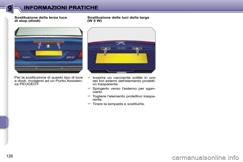 Peugeot 207 CC 2007  Manuale del proprietario (in Italian) �1�2�6
�S�o�s�t�i�t�u�z�i�o�n�e� �d�e�l�l�a� �t�e�r�z�a� �l�u�c�e�d�i� �s�t�o�p� �(�d�i�o�d�i�)
�P�e�r� �l�a� �s�o�s�t�i�t�u�z�i�o�n�e� �d�i� �q�u�e�s�t�o� �t�i�p�o� �d�i� �l�u�c�e� �a� �d�i�o�d�i�,� 