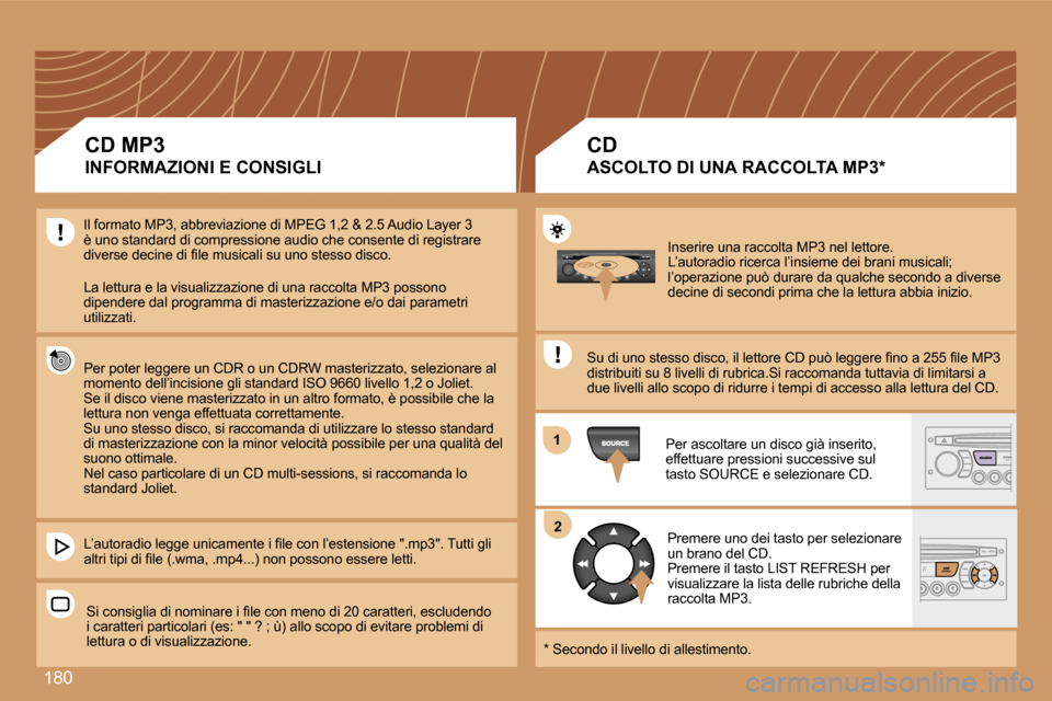 Peugeot 207 CC 2007  Manuale del proprietario (in Italian) �1�8�0
�1�1
�2�2
�I�n�s�e�r�i�r�e� �u�n�a� �r�a�c�c�o�l�t�a� �M�P�3� �n�e�l� �l�e�t�t�o�r�e�.�L�’�a�u�t�o�r�a�d�i�o� �r�i�c�e�r�c�a� �l�’�i�n�s�i�e�m�e� �d�e�i� �b�r�a�n�i� �m�u�s�i�c�a�l�i�;� �l�