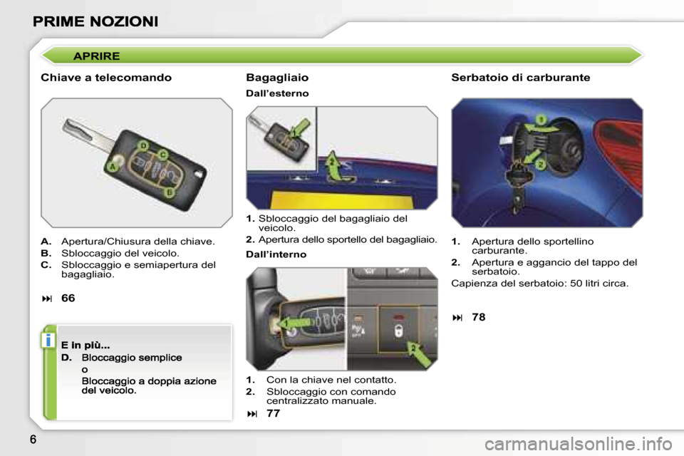 Peugeot 207 CC 2007  Manuale del proprietario (in Italian) �i
�A�P�R�I�R�E
�C�h�i�a�v�e� �a� �t�e�l�e�c�o�m�a�n�d�o
�A�.�  �A�p�e�r�t�u�r�a�/�C�h�i�u�s�u�r�a� �d�e�l�l�a� �c�h�i�a�v�e�.
�B�.�  �S�b�l�o�c�c�a�g�g�i�o� �d�e�l� �v�e�i�c�o�l�o�.
�C�.�  �S�b�l�o�c