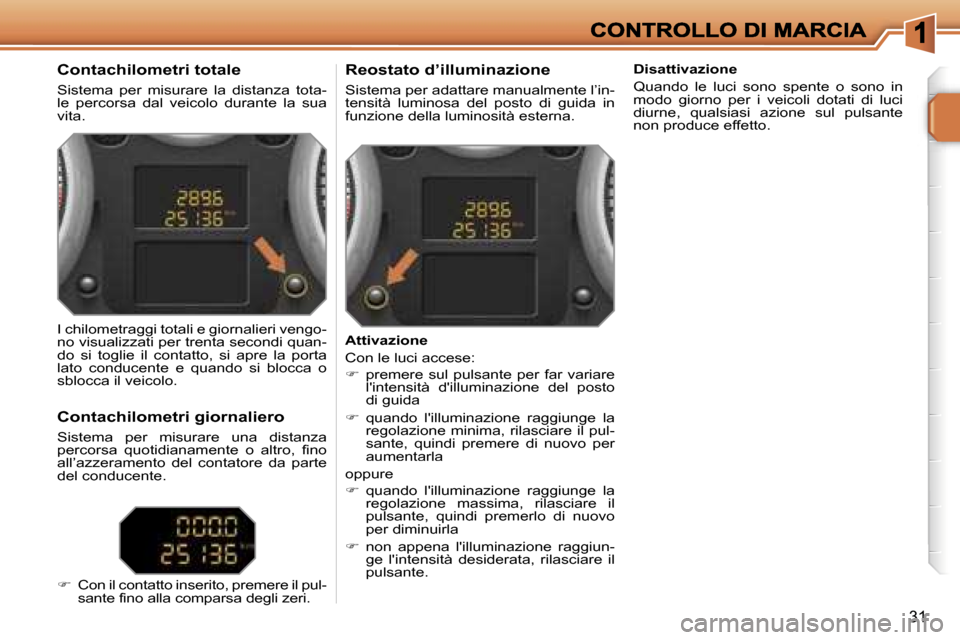 Peugeot 207 CC 2007  Manuale del proprietario (in Italian) �3�1
�C�o�n�t�a�c�h�i�l�o�m�e�t�r�i� �t�o�t�a�l�e
�S�i�s�t�e�m�a�  �p�e�r�  �m�i�s�u�r�a�r�e�  �l�a�  �d�i�s�t�a�n�z�a�  �t�o�t�a�-�l�e�  �p�e�r�c�o�r�s�a�  �d�a�l�  �v�e�i�c�o�l�o�  �d�u�r�a�n�t�e�  