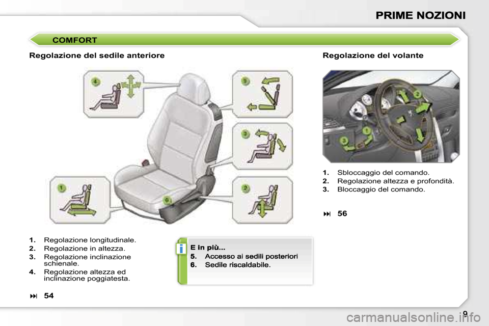 Peugeot 207 CC 2007  Manuale del proprietario (in Italian) �i
�C�O�M�F�O�R�T
�R�e�g�o�l�a�z�i�o�n�e� �d�e�l� �s�e�d�i�l�e� �a�n�t�e�r�i�o�r�e�R�e�g�o�l�a�z�i�o�n�e� �d�e�l� �v�o�l�a�n�t�e
�1�.�  �R�e�g�o�l�a�z�i�o�n�e� �l�o�n�g�i�t�u�d�i�n�a�l�e�.
�2�.�  �R�e