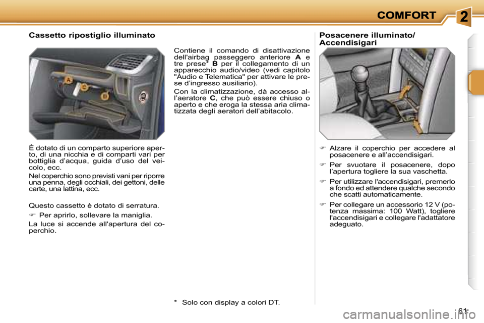 Peugeot 207 CC 2007  Manuale del proprietario (in Italian) �6�1
�C�a�s�s�e�t�t�o� �r�i�p�o�s�t�i�g�l�i�o� �i�l�l�u�m�i�n�a�t�o
�È� �d�o�t�a�t�o� �d�i� �u�n� �c�o�m�p�a�r�t�o� �s�u�p�e�r�i�o�r�e� �a�p�e�r�-�t�o�,� �d�i� �u�n�a� �n�i�c�c�h�i�a� �e� �d�i� �c�o�