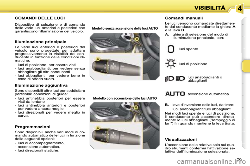 Peugeot 207 CC 2007  Manuale del proprietario (in Italian) �7�9
�C�O�M�A�N�D�I� �D�E�L�L�E� �L�U�C�I� 
�D�i�s�p�o�s�i�t�i�v�o�  �d�i�  �s�e�l�e�z�i�o�n�e�  �e�  �d�i�  �c�o�m�a�n�d�o� �d�e�l�l�e�  �v�a�r�i�e�  �l�u�c�i�  �a�n�t�e�r�i�o�r�i�  �e�  �p�o�s�t�e�r