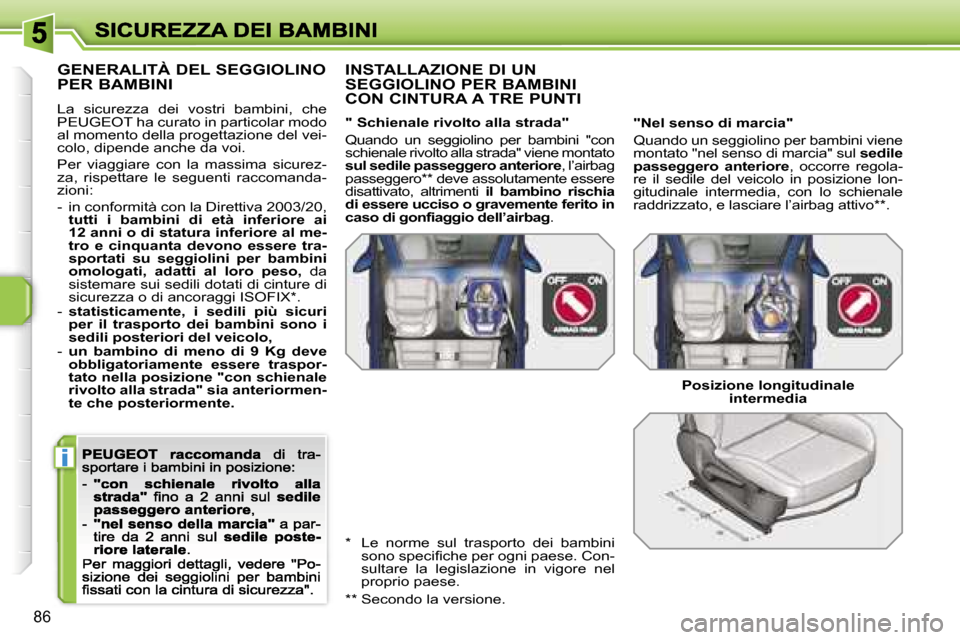 Peugeot 207 CC 2007  Manuale del proprietario (in Italian) �i
�8�6
�G�E�N�E�R�A�L�I�T�À� �D�E�L� �S�E�G�G�I�O�L�I�N�O�  
�P�E�R� �B�A�M�B�I�N�I
�L�a�  �s�i�c�u�r�e�z�z�a�  �d�e�i�  �v�o�s�t�r�i�  �b�a�m�b�i�n�i�,�  �c�h�e� �P�E�U�G�E�O�T� �h�a� �c�u�r�a�t�o�