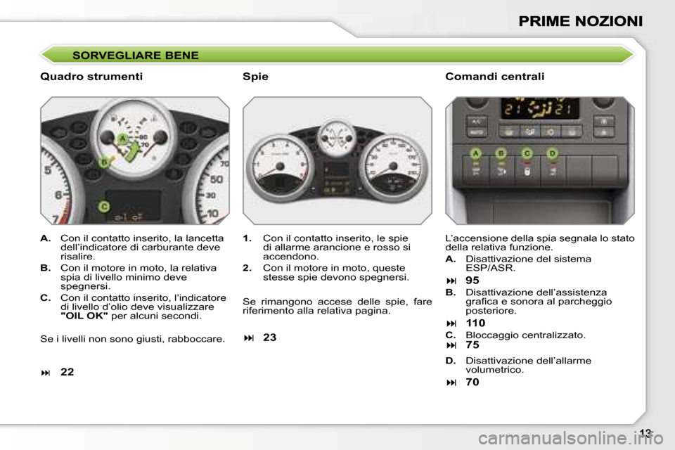 Peugeot 207 CC 2007  Manuale del proprietario (in Italian) �S�O�R�V�E�G�L�I�A�R�E� �B�E�N�E
�Q�u�a�d�r�o� �s�t�r�u�m�e�n�t�i�C�o�m�a�n�d�i� �c�e�n�t�r�a�l�i
�A�.�  �C�o�n� �i�l� �c�o�n�t�a�t�t�o� �i�n�s�e�r�i�t�o�,� �l�a� �l�a�n�c�e�t�t�a� �d�e�l�l�’�i�n�d�