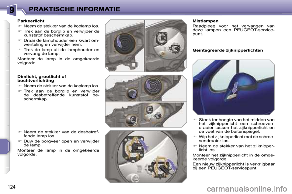 Peugeot 207 CC 2007  Handleiding (in Dutch) �1�2�4
�P�a�r�k�e�e�r�l�i�c�h�t
��  �N�e�e�m� �d�e� �s�t�e�k�k�e�r� �v�a�n� �d�e� �k�o�p�l�a�m�p� �l�o�s�.
��  �T�r�e�k�  �a�a�n�  �d�e�  �b�o�r�g�l�i�p�  �e�n�  �v�e�r�w�i�j�d�e�r�  �d�e� �k�u�