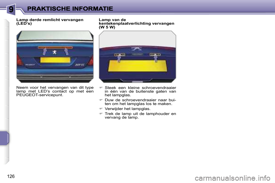Peugeot 207 CC 2007  Handleiding (in Dutch) �1�2�6
�L�a�m�p� �d�e�r�d�e� �r�e�m�l�i�c�h�t� �v�e�r�v�a�n�g�e�n� �(�L�E�D�’�s�)
�N�e�e�m�  �v�o�o�r�  �h�e�t�  �v�e�r�v�a�n�g�e�n�  �v�a�n�  �d�i�t�  �t�y�p�e� �l�a�m�p�  �m�e�t�  �L�E�D�’�s�  �