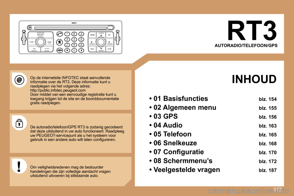 Peugeot 207 CC 2007  Handleiding (in Dutch) �1�5�3
�R�T�3
�A�U�T�O�R�A�D�I�O�/�T�E�L�E�F�O�O�N�/�G�P�S
�  �I�N�H�O�U�D
�•� �0�1� �B�a�s�i�s�f�u�n�c�t�i�e�s� �b�l�z�.� �1�5�4
�•� �0�2� �A�l�g�e�m�e�e�n� �m�e�n�u� �b�l�z�.� �1�5�5
�•� �0�3�