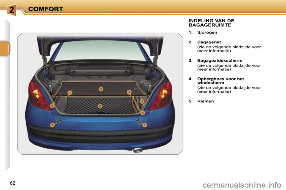 Peugeot 207 CC 2007  Handleiding (in Dutch) �6�2
�I�N�D�E�L�I�N�G� �V�A�N� �D�E�  
�B�A�G�A�G�E�R�U�I�M�T�E
�1�.�  �S�j�o�r�o�g�e�n
�2�.�  �B�a�g�a�g�e�n�e�t
�  �(�z�i�e� �d�e� �v�o�l�g�e�n�d�e� �b�l�a�d�z�i�j�d�e� �v�o�o�r� �m�e�e�r� �i�n�f�o�