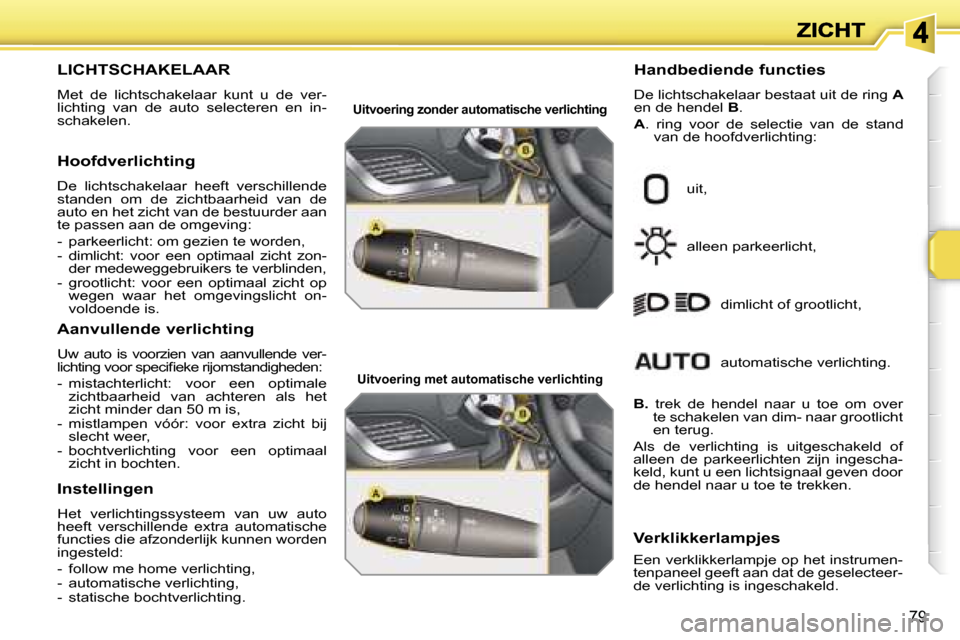 Peugeot 207 CC 2007  Handleiding (in Dutch) �7�9
�L�I�C�H�T�S�C�H�A�K�E�L�A�A�R
�M�e�t�  �d�e�  �l�i�c�h�t�s�c�h�a�k�e�l�a�a�r�  �k�u�n�t�  �u�  �d�e�  �v�e�r�-�l�i�c�h�t�i�n�g�  �v�a�n�  �d�e�  �a�u�t�o�  �s�e�l�e�c�t�e�r�e�n�  �e�n�  �i�n�-�s