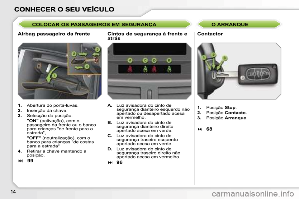 Peugeot 207 CC 2007  Manual do proprietário (in Portuguese) �C�O�L�O�C�A�R� �O�S� �P�A�S�S�A�G�E�I�R�O�S� �E�M� �S�E�G�U�R�A�N�Ç�A
�A�i�r�b�a�g� �p�a�s�s�a�g�e�i�r�o� �d�a� �f�r�e�n�t�e �C�o�n�t�a�c�t�o�r
�1�.� �A�b�e�r�t�u�r�a� �d�o� �p�o�r�t�a�-�l�u�v�a�s�.