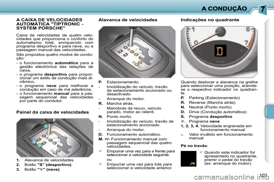Peugeot 207 CC 2007  Manual do proprietário (in Portuguese) �1�0�3
�A� �C�A�I�X�A� �D�E� �V�E�L�O�C�I�D�A�D�E�S�  
�A�U�T�O�M�Á�T�I�C�A� �"�T�I�P�T�R�O�N�I�C� �-� 
�S�Y�S�T�E�M� �P�O�R�S�C�H�E�"
�C�a�i�x�a�  �d�e�  �v�e�l�o�c�i�d�a�d�e�s�  �d�e�  �q�u�a�t�r�o