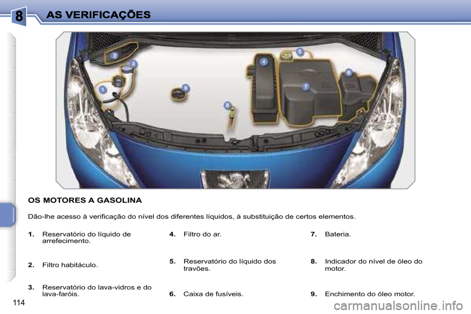 Peugeot 207 CC 2007  Manual do proprietário (in Portuguese) �1�1�4
�O�S� �M�O�T�O�R�E�S� �A� �G�A�S�O�L�I�N�A
�D�ã�o�-�l�h�e� �a�c�e�s�s�o� �à� �v�e�r�i�ﬁ�c�a�ç�ã�o� �d�o� �n�í�v�e�l� �d�o�s� �d�i�f�e�r�e�n�t�e�s� �l�í�q�u�i�d�o�s�,� �à� �s�u�b�s�t�i�