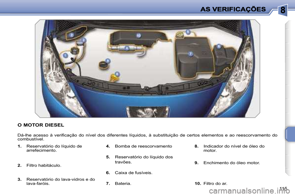 Peugeot 207 CC 2007  Manual do proprietário (in Portuguese) �1�1�5
�O� �M�O�T�O�R� �D�I�E�S�E�L
�D�á�-�l�h�e�  �a�c�e�s�s�o�  �à�  �v�e�r�i�f�i�c�a�ç�ã�o�  �d�o�  �n�í�v�e�l�  �d�o�s�  �d�i�f�e�r�e�n�t�e�s�  �l�í�q�u�i�d�o�s�,�  �à�  �s�u�b�s�t�i�t�u�i�