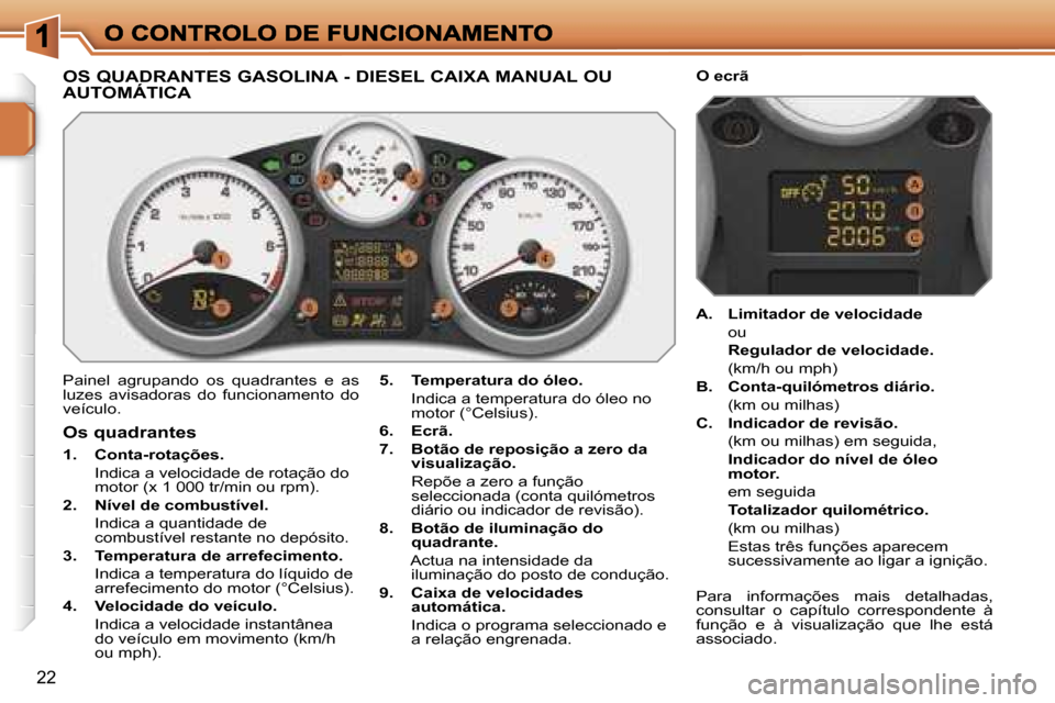 Peugeot 207 CC 2007  Manual do proprietário (in Portuguese) �2�2
�O�S� �Q�U�A�D�R�A�N�T�E�S� �G�A�S�O�L�I�N�A� �-� �D�I�E�S�E�L� �C�A�I�X�A� �M�A�N�U�A�L� �O�U�  
�A�U�T�O�M�Á�T�I�C�A
�P�a�i�n�e�l�  �a�g�r�u�p�a�n�d�o�  �o�s�  �q�u�a�d�r�a�n�t�e�s�  �e�  �a�s