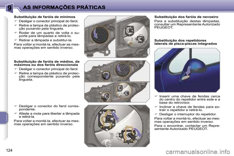 Peugeot 207 CC 2007  Manual do proprietário (in Portuguese) �1�2�4
�S�u�b�s�t�i�t�u�i�ç�ã�o� �d�e� �f�a�r�ó�i�s� �d�e� �m�í�n�i�m�o�s
��  �D�e�s�l�i�g�a�r� �o� �c�o�n�e�c�t�o�r� �p�r�i�n�c�i�p�a�l� �d�o� �f�a�r�o�l�.
��  �R�e�t�i�r�e� �a� �t�a�m�p�a�