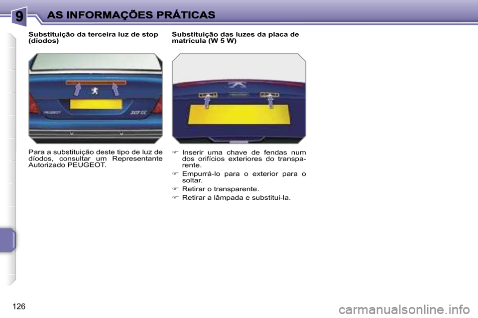Peugeot 207 CC 2007  Manual do proprietário (in Portuguese) �1�2�6
�S�u�b�s�t�i�t�u�i�ç�ã�o� �d�a� �t�e�r�c�e�i�r�a� �l�u�z� �d�e� �s�t�o�p� �(�d�í�o�d�o�s�)
�P�a�r�a� �a� �s�u�b�s�t�i�t�u�i�ç�ã�o� �d�e�s�t�e� �t�i�p�o� �d�e� �l�u�z� �d�e� �d�í�o�d�o�s�,