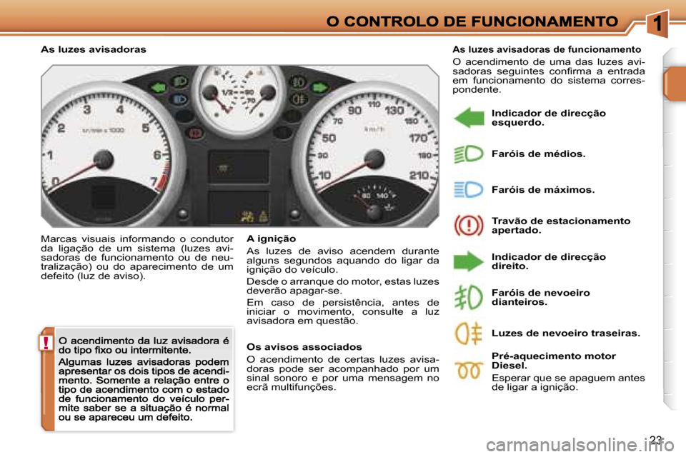 Peugeot 207 CC 2007  Manual do proprietário (in Portuguese) �!
�2�3
�A�s� �l�u�z�e�s� �a�v�i�s�a�d�o�r�a�s
�M�a�r�c�a�s�  �v�i�s�u�a�i�s�  �i�n�f�o�r�m�a�n�d�o�  �o�  �c�o�n�d�u�t�o�r� �d�a�  �l�i�g�a�ç�ã�o�  �d�e�  �u�m�  �s�i�s�t�e�m�a�  �(�l�u�z�e�s�  �a�