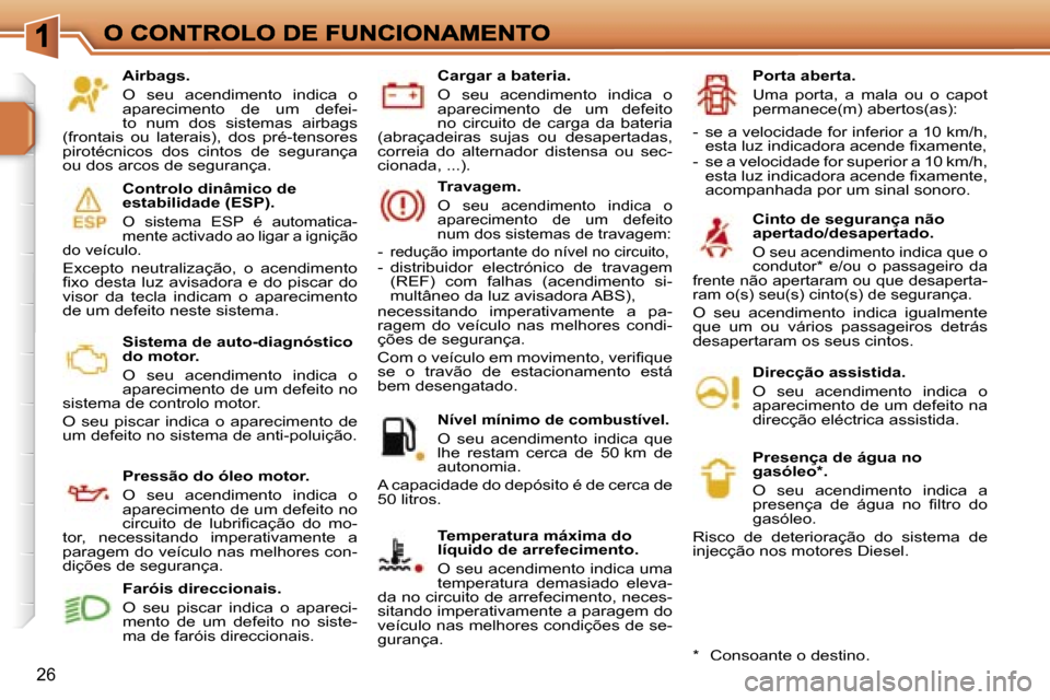 Peugeot 207 CC 2007  Manual do proprietário (in Portuguese) �2�6
�A�i�r�b�a�g�s�.
�O�  �s�e�u�  �a�c�e�n�d�i�m�e�n�t�o�  �i�n�d�i�c�a�  �o� �a�p�a�r�e�c�i�m�e�n�t�o�  �d�e�  �u�m�  �d�e�f�e�i�-�t�o�  �n�u�m�  �d�o�s�  �s�i�s�t�e�m�a�s�  �a�i�r�b�a�g�s� �(�f�r�