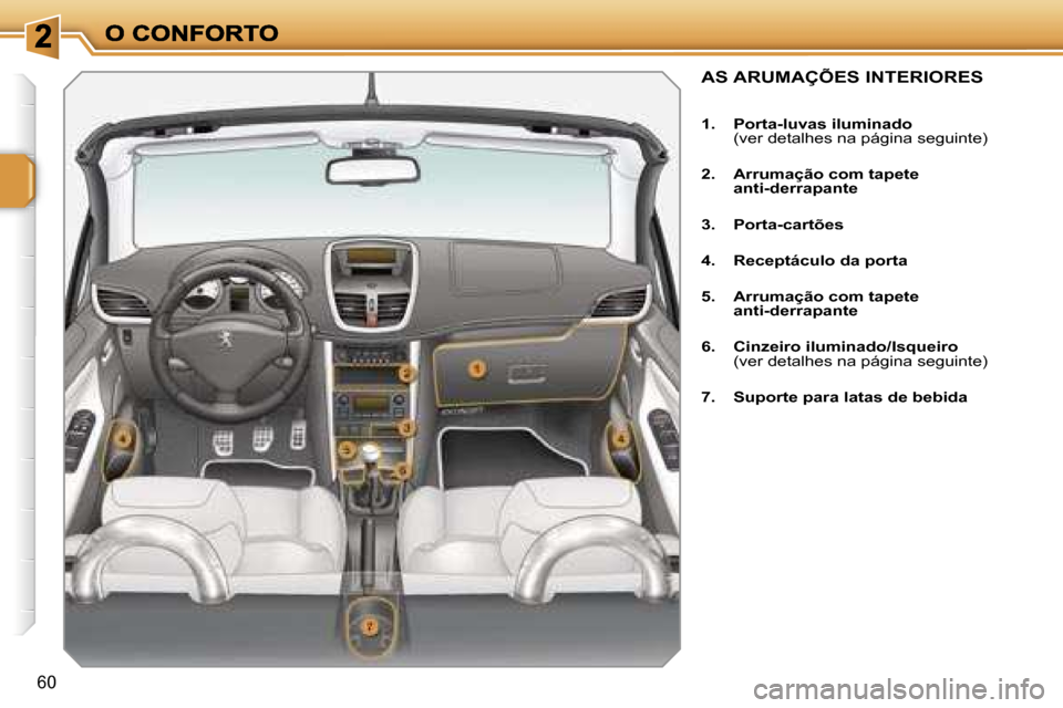 Peugeot 207 CC 2007  Manual do proprietário (in Portuguese) �6�0
�A�S� �A�R�U�M�A�Ç�Õ�E�S� �I�N�T�E�R�I�O�R�E�S
�1�.�  �P�o�r�t�a�-�l�u�v�a�s� �i�l�u�m�i�n�a�d�o�(�v�e�r� �d�e�t�a�l�h�e�s� �n�a� �p�á�g�i�n�a� �s�e�g�u�i�n�t�e�)
�2�.�  �A�r�r�u�m�a�ç�ã�o� 