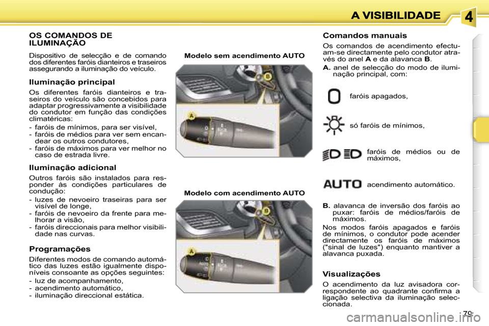 Peugeot 207 CC 2007  Manual do proprietário (in Portuguese) �7�9
�O�S� �C�O�M�A�N�D�O�S� �D�E�  
�I�L�U�M�I�N�A�Ç�Ã�O� 
�D�i�s�p�o�s�i�t�i�v�o�  �d�e�  �s�e�l�e�c�ç�ã�o�  �e�  �d�e�  �c�o�m�a�n�d�o� �d�o�s� �d�i�f�e�r�e�n�t�e�s� �f�a�r�ó�i�s� �d�i�a�n�t�e