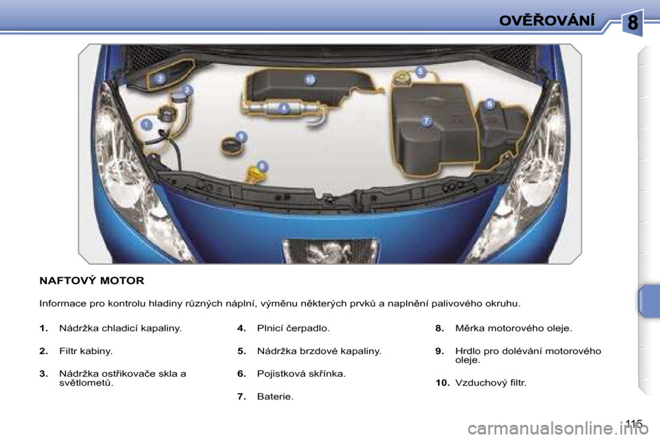 Peugeot 207 CC 2007  Návod k obsluze (in Czech) �1�1�5
�N�A�F�T�O�V�Ý� �M�O�T�O�R
�I�n�f�o�r�m�a�c�e� �p�r�o� �k�o�n�t�r�o�l�u� �h�l�a�d�i�n�y� �rA�z�n�ý�c�h� �n�á�p�l�n�í�,� �v�ý�m)�n�u� �n)�k�t�e�r�ý�c�h� �p�r�v�kA� �a� �n�a�p�l�n)�n�