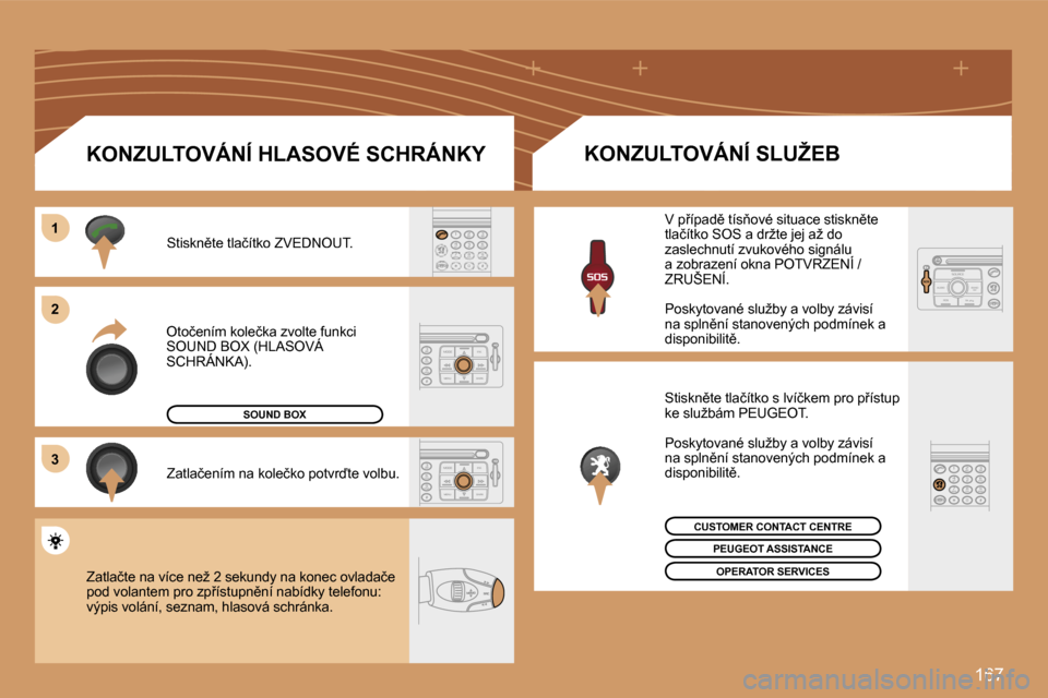 Peugeot 207 CC 2007  Návod k obsluze (in Czech) �1�6�7
�1�1
�2�2
�3�3
�O�t�o�č�e�n�í�m� �k�o�l�e�č�k�a� �z�v�o�l�t�e� �f�u�n�k�c�i� �S�O�U�N�D� �B�O�X� �(�H�L�A�S�O�V�Á� �S�C�H�R�Á�N�K�A�)�.�S�O�U�N�D� �B�O�X� �(�H�L�A�S�O�V�Á� �S�O�U�N�D� �B