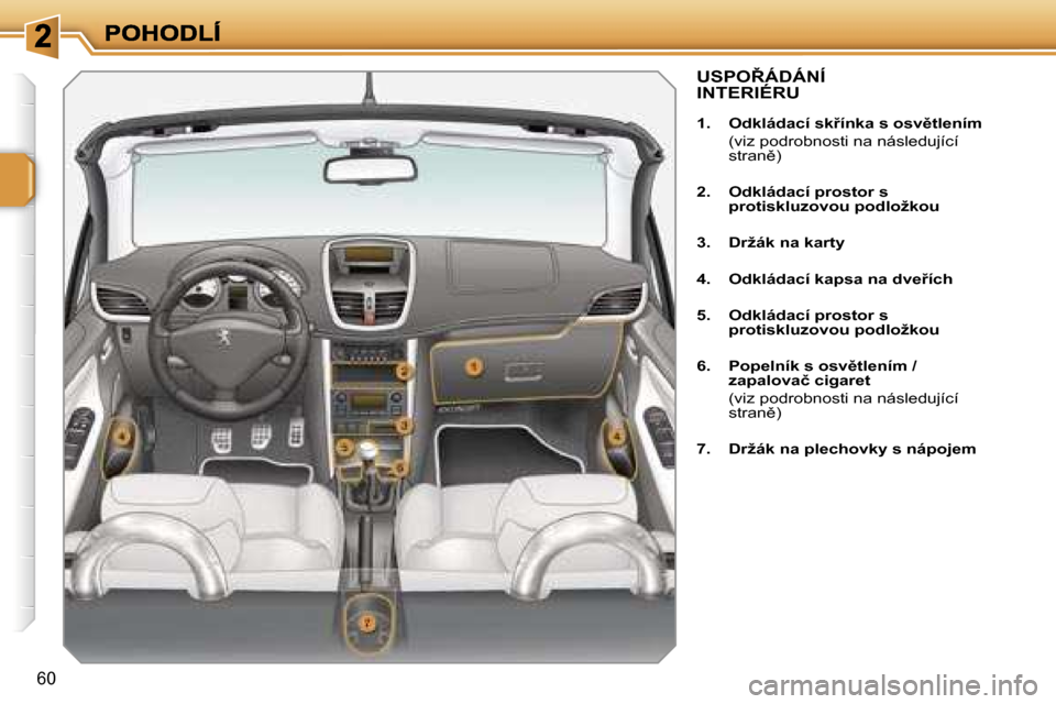 Peugeot 207 CC 2007  Návod k obsluze (in Czech) �6�0
�U�S�P�O8�Á�D�Á�N�Í�  
�I�N�T�E�R�I�É�R�U
�1�.�  �O�d�k�l�á�d�a�c�í� �s�k9�í�n�k�a� �s� �o�s�v)�t�l�e�n�í�m
�  �(�v�i�z� �p�o�d�r�o�b�n�o�s�t�i� �n�a� �n�á�s�l�e�d�u�j�í�c�í� �s�t�r