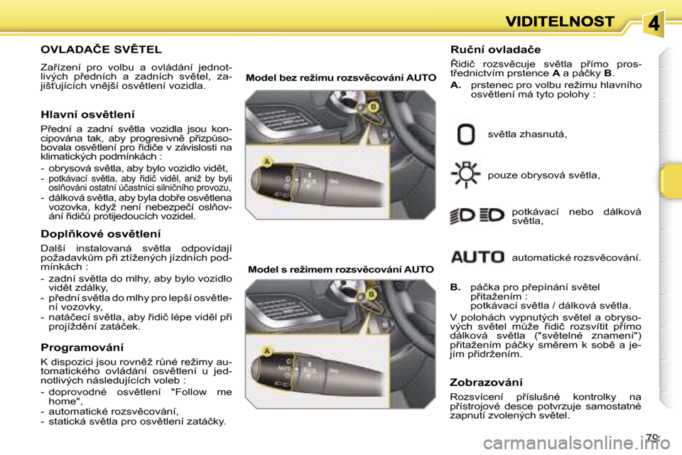 Peugeot 207 CC 2007  Návod k obsluze (in Czech) �7�9
�O�V�L�A�D�A�Č�E� �S�V(�T�E�L� 
�Z�a9�í�z�e�n�í�  �p�r�o�  �v�o�l�b�u�  �a�  �o�v�l�á�d�á�n�í�  �j�e�d�n�o�t�-�l�i�v�ý�c�h�  �p9�e�d�n�í�c�h�  �a�  �z�a�d�n�í�c�h�  �s�v)�t�e�l�,�  �