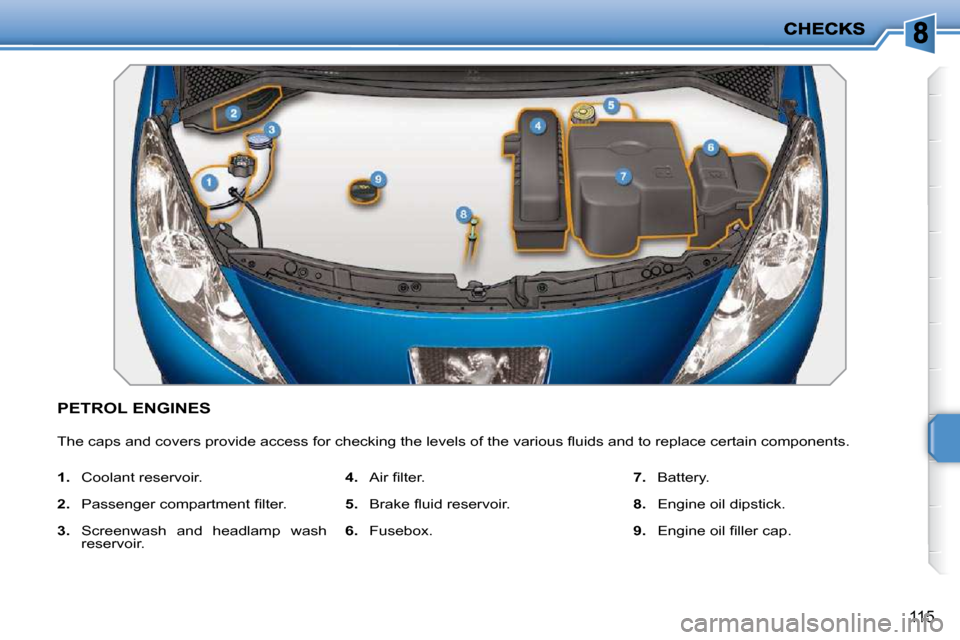 Peugeot 207 CC Dag 2010  Owners Manual 115
PETROL ENGINES 
� �T�h�e� �c�a�p�s� �a�n�d� �c�o�v�e�r�s� �p�r�o�v�i�d�e� �a�c�c�e�s�s� �f�o�r� �c�h�e�c�k�i�n�g� �t�h�e� �l�e�v�e�l�s� �o�f� �t�h�e� �v�a�r�i�o�u�s� �ﬂ� �u�i�d�s� �a�n�d� �t�o� 